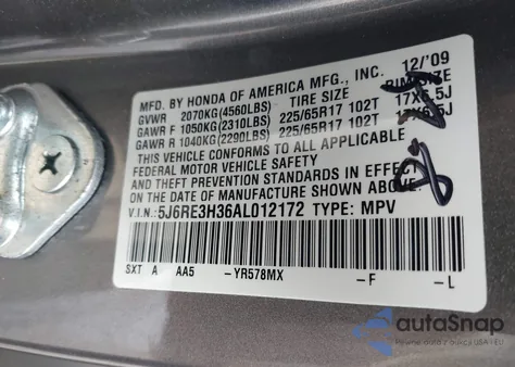 2010 Honda Cr-V Lx z USA, uszkodzony, nr VIN 5J6RE3H36AL012172